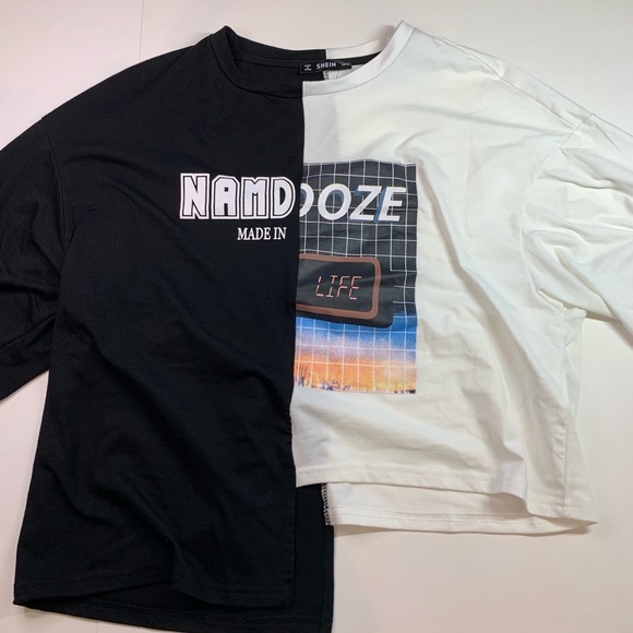 shein black and white mismatched graphic crop top - Picture 1 of 3